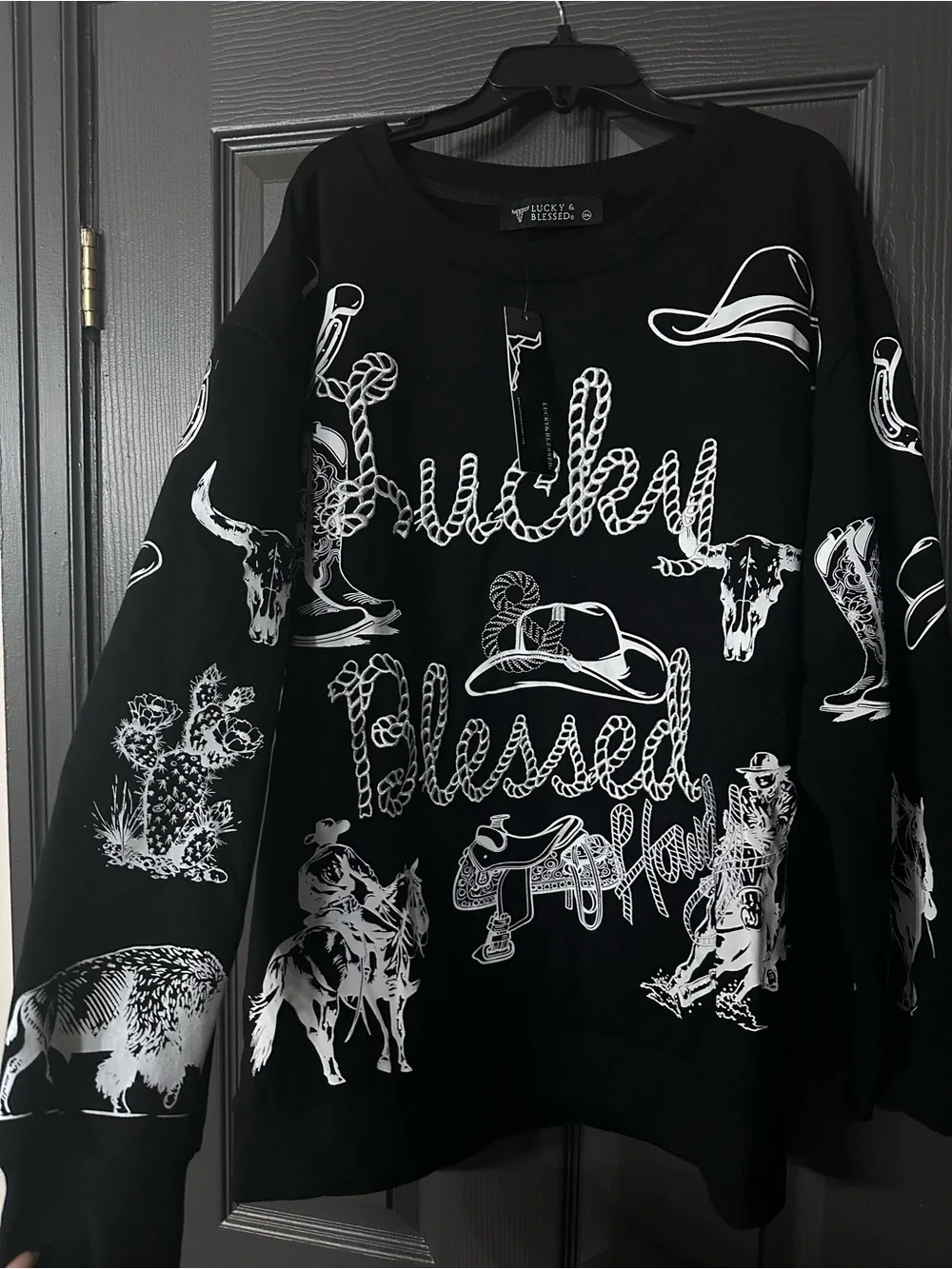 2X Lucky & Blessed Black Western Graphic Crewneck Sweater